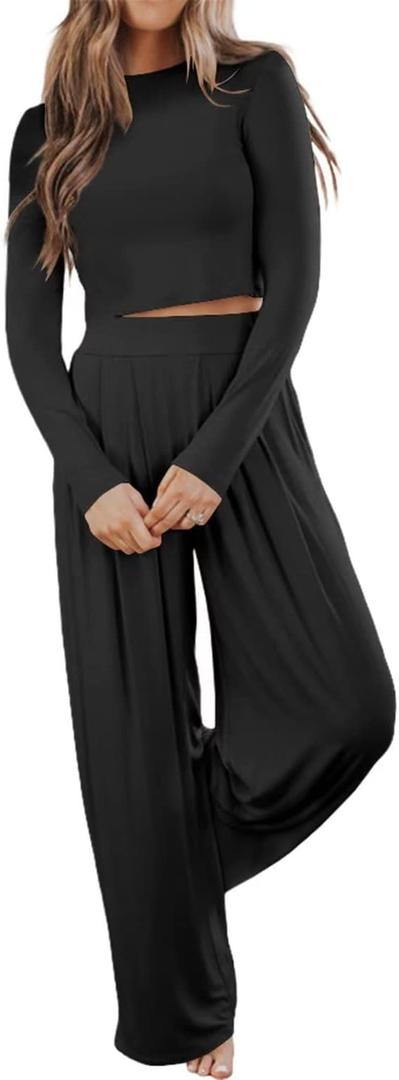 Ezbelle womenss Fall Fashion Lounge Sets Pajama Two Piece Cropped Pullover Jammies Outfits Casual Loungewear (Medium, Black)