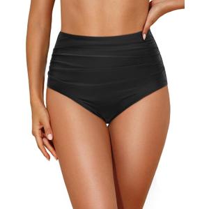 Tempt Me Women High Waisted Bikini Bottom Retro Ruched Swim Bottom Shirred Tankinis Brief (XX-Small, Black)