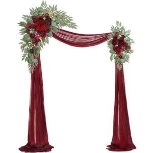 Artificial Wedding Arch Flowers Kit(Pack of 3),2Pcs Artificial Flower Arch Decor,1Pcs Sheer Drape for Wedding Ceremony Arbor for WeddingCeremony (Wine red Memory)