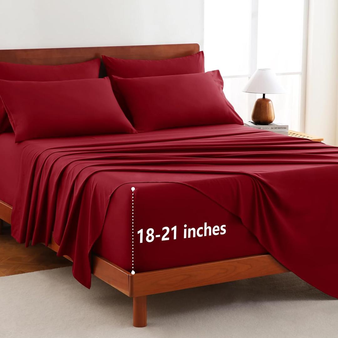 CozyLux Extra Deep Pocket Queen Sheet Set - 6 Piece Sheets Queen Size Bed Set - Fits Up to 21 inches Mattresses Queen SheetsBreathable Queen Bed Sheets & Pillowcases - Easy & Secure Fit, Dark Red
