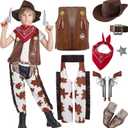 IKALI Kids Boys Cowboy Costume, West Boy Sheriff Outfit with Hat Accessories Halloween 3-10Y (4-6Y, Brown)