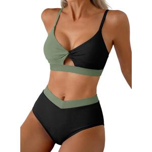 Herseas Tummy Control Swimsuits for Women Sporty Color Block Bikini Set Summer Cruise Beach Vacation Essentials Swimming Wear Neon 2 Piece Bathing Suits, Army Green Medium