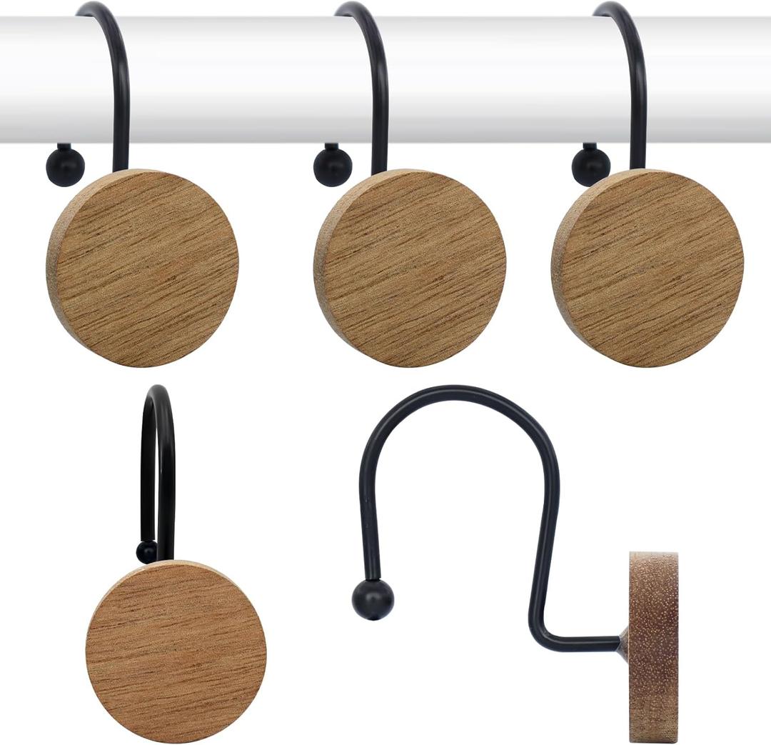 Shower Curtain Hooks, Wood Decorative Shower Curtain Rings, Modern Round Log Shower Curtain Hangers, 12PCS Metal Shower Hooks for Shower Curtain Rod, Bathroom, Bedroom, Living Room (Black)