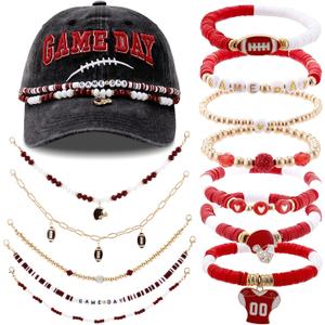 13Pcs Game Day Football Hat Accessories Set, 1 Game Day Hat with 5 Decorative Chains 7 Red Beaded Bracelets for Football Lovers Mom Girlfriends Wife