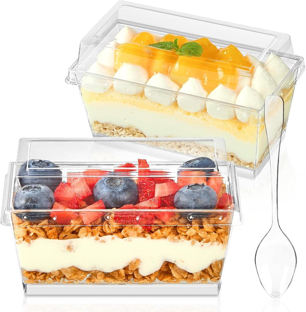 TOFLEN 50 Pack 5 oz Dessert Cups with Lids and Spoons, Mini Clear Plastic Parfait Cups, Rectangle Party Serving Bowls for Parfait, Appetizers, Mousse, Pudding