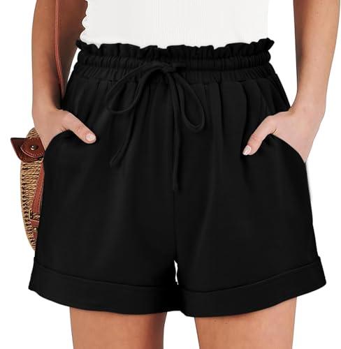 Angerella High Waisted Shorts Women Comfy Stretchy Fit Boyfriends Summer Shorts Drawstring Elastic Waist Pocketed Short Pants Black Medium