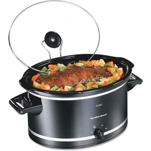 Hamilton Beach Slow Cooker with 3 Cooking Settings, Dishwasher-Safe Stoneware Crock & Glass, 8-Quart Built-In Lid Rest, Black