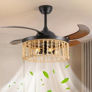 Boho Retractable Ceiling Fan with Lights 42 Inch Wood Beaded Chandelier with Fan Farmhouse Black Rattan Fandelier with Brown Retractable Blade for Bedroom Kids Room Girls Room Kitchen