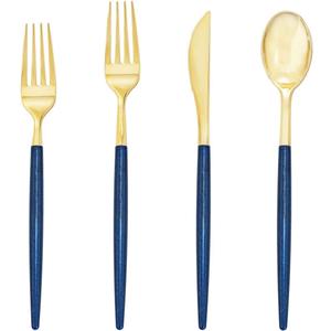 Supernal 180pcs Gold and Blue Plastic Silverware,Gold Plastic Flatware with Blue Glitter Handle,Disposable Cutlery for Party,Unique Disposable Utensils Suit for Party,Birthday,Wedding