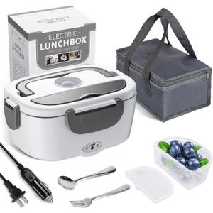 Electric Lunch Box Food Heater, 3 in 1 Ultra Quick Heated Lunch Boxes for Adults, 12V/24V/110V Portable Food Warmer for Car/Truck/Office With Fork Spoon and Insulated Carry Bag (Ivory White)