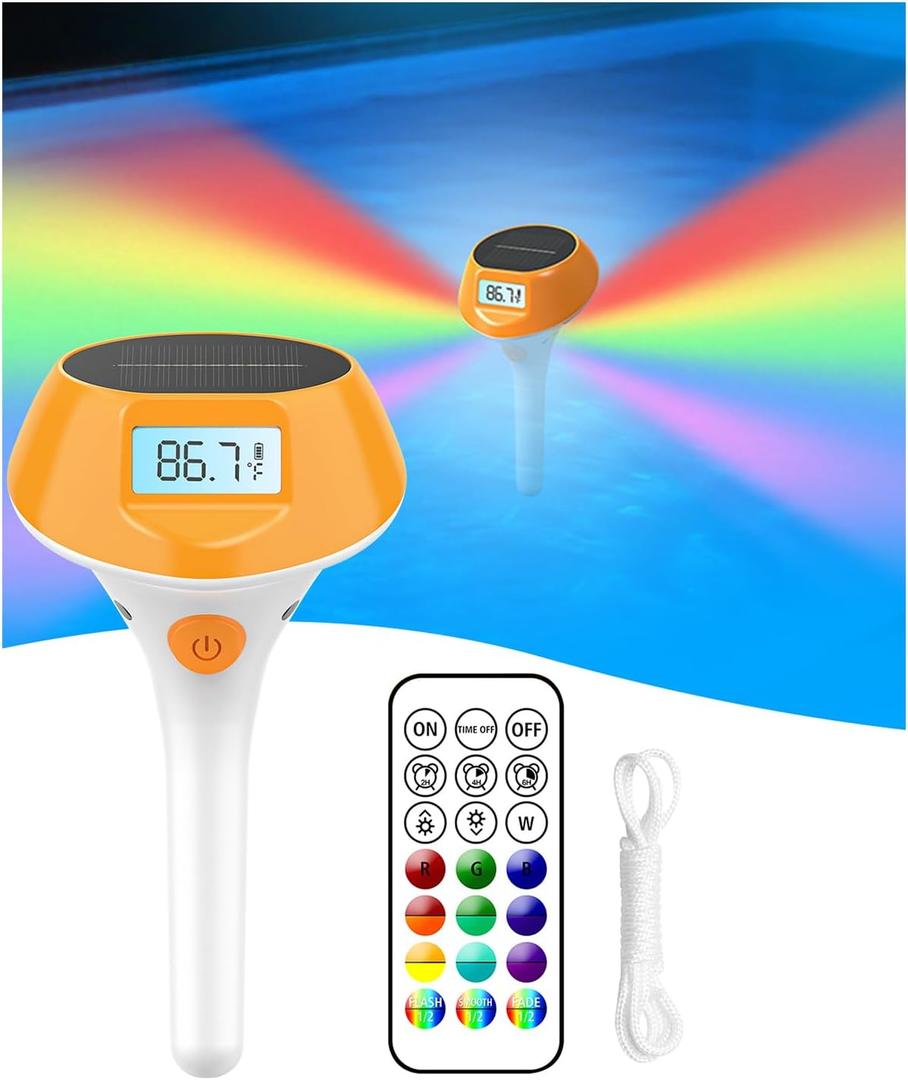2Pcs Solar Pool Lights for Inground Pool, 22-Color 5-Mode with Backlit Display and Magnetic Charging, Underwater Thermometer Swimming Lighting, Submersible Pool Lights with Remote, Waterproof Design