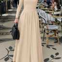 MEROKEETY Women's Fall Long Sleeve Wedding Guest Dresses 2025 One Shoulder Elegant Formal Pleated Midi Maxi Dress (Beige, S)