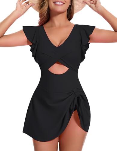 MFAVIP Women One Piece Swim Dress Tummy Control Swimsuits V Neck Ruffle Bathing Suit Cutout Wrap Side Tie Swimwear with Skirt, M