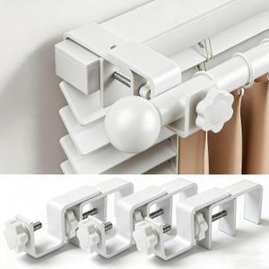 Over Blinds Curtain Rod Brackets for Outside Mounted, No-Drill Blinds Curtain Rod Holders for 1.3-2" Rectangular Headrails, Tool-Free & No Wall Damage, Apartment & Renter Friendly (Set of 3, White)