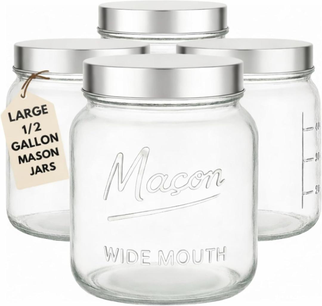 Kitchentoolz Half Gallon Glass Mason Jars with Extra Wide Mouth & Metal Lids - Airtight Food Storage & Canning Jars with Measurement Markings - 1/2 Gallon Mason Jar (4pk)