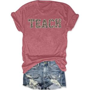 Teacher Shirts for Women: Embroidery Teach T-Shirts Leopard Teaching Graphic Gifts Short Sleeve (Medium, Pink1)