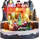 Christmas Village Sets 9 Inch Animated Moving Christmas Tree Train USB/3AA Batteries Music Village House Indoor Decoration Xmas Town Houses for Holiday Decor