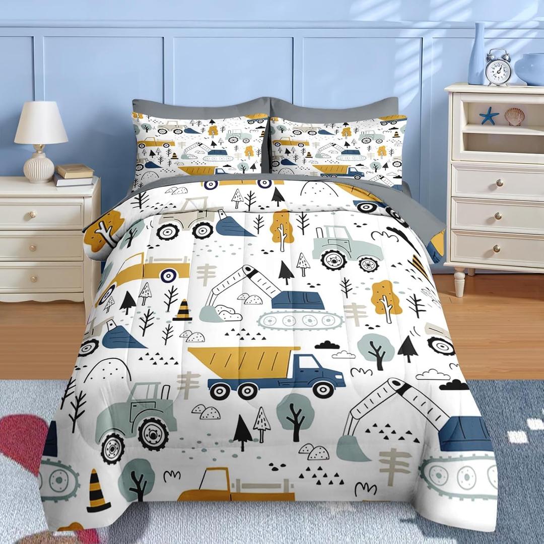 Nesker 5 Pcs Comforter Set Twin Size, Cute Cars Truck Tractor Bedding for Kids Teen, Cargo Crane Bulldozer Excavator Bed Sheet with Pillowcase & Sham