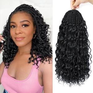 Goddess Box Braids Crochet Hair for Women 12 Inch Pre-looped Boho Crochet Box Braids with Curly Ends 7 Packs Bohemian Synthetic Box Braids Hair Extensions(1b)