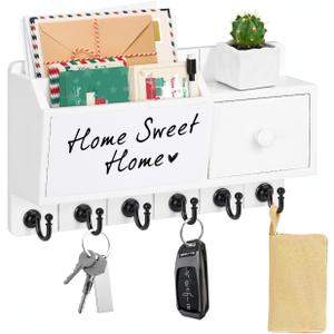 RELBRO Key Holder Wall Mount, Wooden Mail and Key Organizer with Whiteboard Mail Key Holder with Drawer Key Rack with Shelf 6 Key Hooks for Entryway Doorway Hallway White