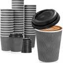 Lamosi 50 Pack - 12 oz Insulated Disposable Coffee Cups with Lids, To Go Paper Coffee Cups with Lids, Corrugated Ripple Wall Cup for Hot Drink Office Coffee Bar (Gray)
