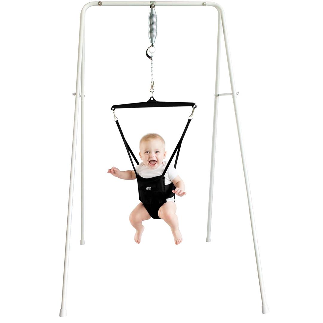 Jolly Jumper Classic (Black) with Stand - Original Baby Jumper, Indoor and Outdoor Exercise Saddle Seat, Adjustable Height, for Infants up to 28lbs