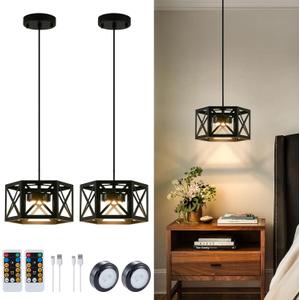 Pack of 2 Rechargeable Battery Operated Pendant Lights, Modern Farmhouse Battery Powered Hanging Light, 3 Colors Dimmable Metal Ceiling Lights, Adjustable Black Pendant Lighting for Kitchen island