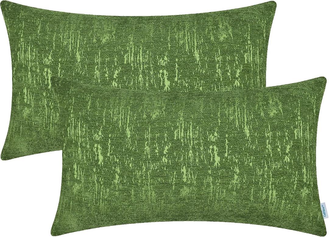 CaliTime Throw Pillow Cases Pack of 2 Marbling Jacquard Solid Dyed Super Soft Chenille Cushion Covers for Couch Sofa Home Farmhouse Decoration 12 X 20 Inches Forest Green
