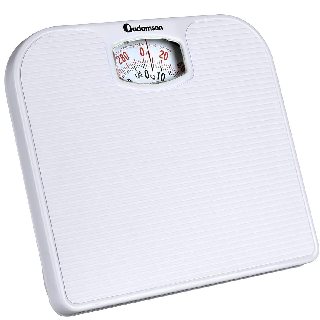 Adamson A21 Analog Scales for Body Weight - Up to 300 LB - New - Anti-Skid Rubber Surface + Large Numbers - Analog Bathroom Scale - Affordable - Durable with 20-Year Assurance (White)