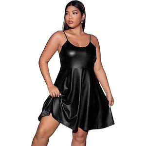 WDIRARA Women's Plus Size Spaghetti Strap Pu Leather Flared Hem A Line Cami Dress, Black  XL