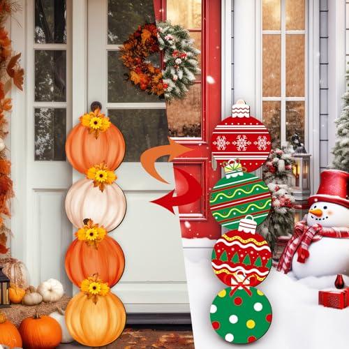 Meooeck 46 Inch Double Sided Christmas Porch Sign Reversible Wooden Fall Stacked Pumpkins Christmas Tree Ball Door Decor for Outdoor Yard Front Door Standing Hanging Holiday Decoration
