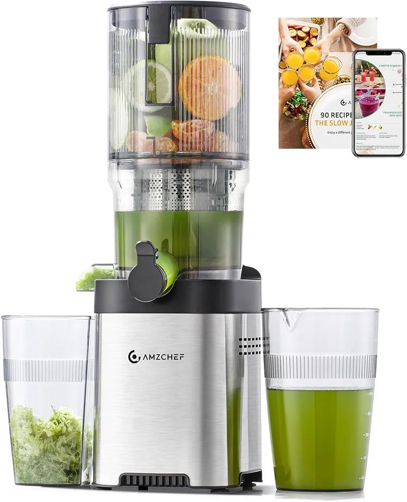 AMZCHEF Cold Press Juicer, 5.4" Juicer Machines with Large Feed Chute for Whole Fruits & Vegetables, Stainless Steel Juice Extractor with Large Auger, Triple Strainers, Easy Cleanup & Assembly