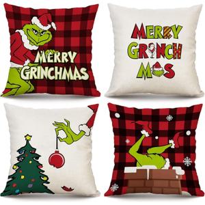 Christmas Pillow Covers 18x18 inch Set of 4 for Decorations Red Buffalo Plaid Pillows Xmas Cushion Case Winter Holiday Merry Throw Farmhouse Decor Couch