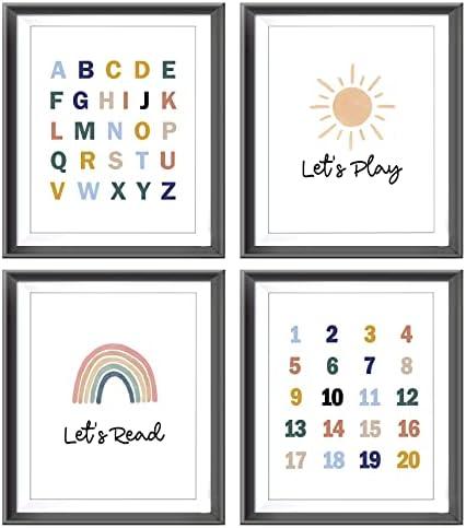 Pack of 2, Let’s Play Let’s Read Alphabets Numbers Educational Poster Prints for Home Kids Baby Room Playroom Nursery Classroom Decor,Boho Sun Rainbow Art Decorations Prints Wall Art Unframed 4pcs 8x10inches