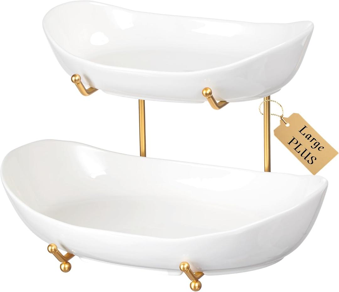 HBlife Fruit Bowl for Kitchen Counter - 2 Tier Fruit Basket with Metal Stand, Ceramic Fruit Holder, Tiered Fruit Platter Serving Trays for Party(Large Size) (White Bowl Gold Rack)