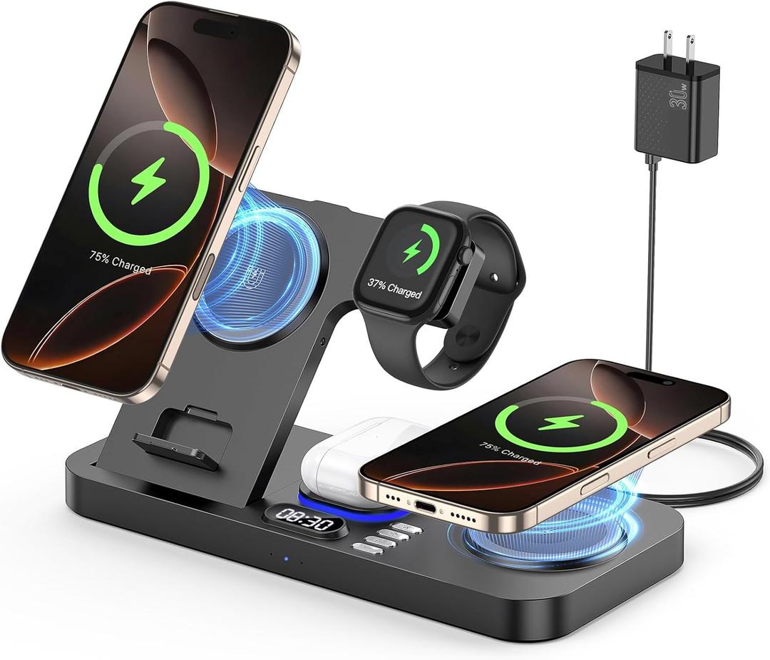 2025 Upgrade Wireless Charger, 6 in 1 Charging Station,30W Wireless Charger with Clock & 7-Color Night Light,Dual Phone Charger for iPhone 16/Samsung Galaxy,for AirPods for Apple Watch