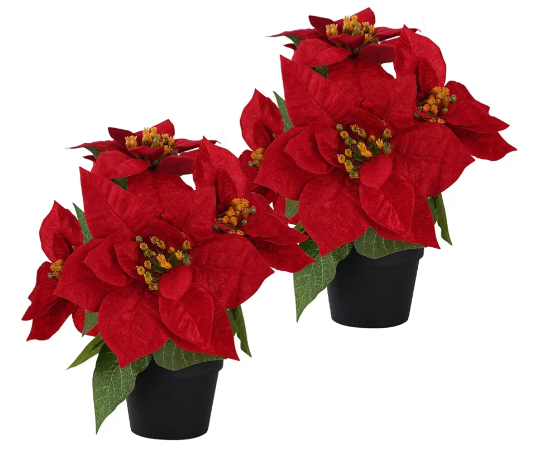 Poinsettias Flowers Artificial 2 Pack Red Faux Christmas Poinsettia Plant Small 11 Inch Winter Flowers for Home Office Table Decorations Indoor Xmas Ornament