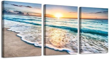 daktenn 3 Piece Canvas Wall Art for Living Room Ocean Wall Art Beach Pictures Wall Arts for Bedroom Sunset Landscape Painting Coastal Wall Decor Canvas Prints Wall Art Ready to Hang 18"x24"x3 Panels