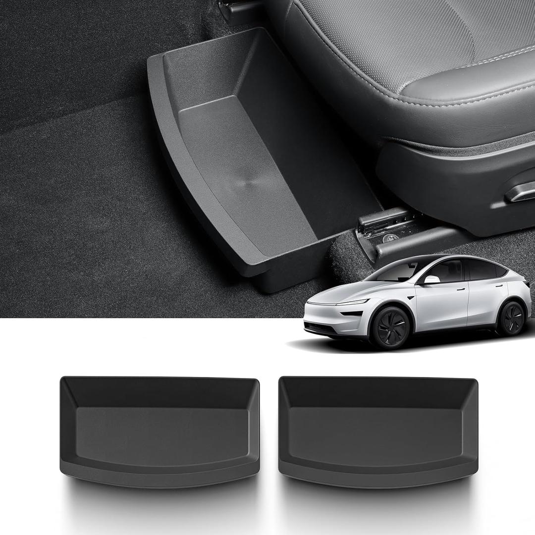 LUCKEASY 2PCS Storage Organizers for 2025 2026 Tesla Model Y Juniper 1st Row Under Seat Storage Under Box Driver& Passenger Organizers for Model Y Juniper Accessories TPE Black