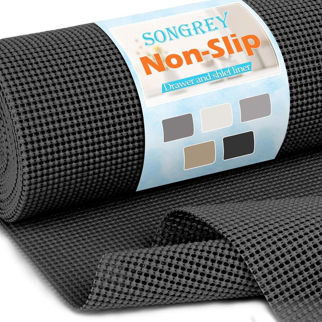 Songrey Non-Adhesive Drawer and Shelf Liner, Non Slip Cabinet Liners, Protect Kitchen Cupboard, Bathroom Drawers, Breathable, Thick Strong Grip mat (23.6IN x 30FT, Black), 23.6"W x 360"L