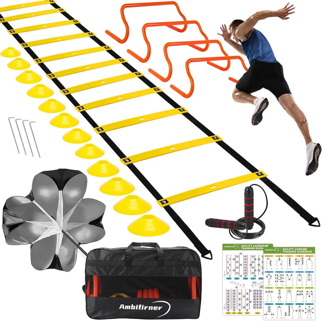 Agility Ladder Training Equipment Set - Agility Ladder(12 Rungs/20ft), 4 Speed Hurdles, 12 Training Cones, Jump Rope, Parachute for Speed/Soccer/Football Training with Carry Bag (Yellow)