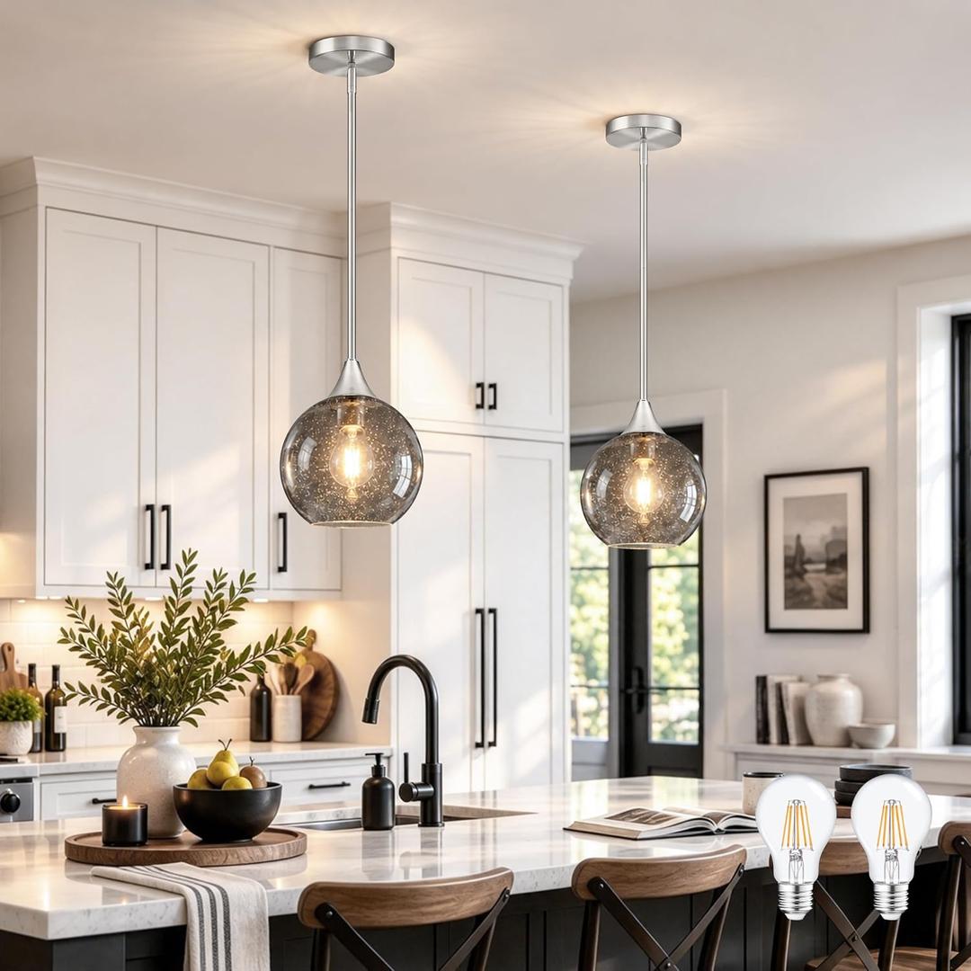 8" Gray Glass Modern Pendant Light Kitchen Island 2PK Mid Century Brushed Nickel Modern Pendant Lighting with Glass Globe Modern Hanging Pendant Light for Dining Room Foyer（Bulb Incl.