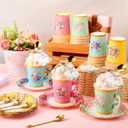 125 Pcs Tea Party Favors Set Floral Paper Teacups with Saucers, Vintage Style Tea Spoons, Disposable Spring Party Supplies for Hot or Cold Drinks, Ideal for Birthday Baby Shower Bridal