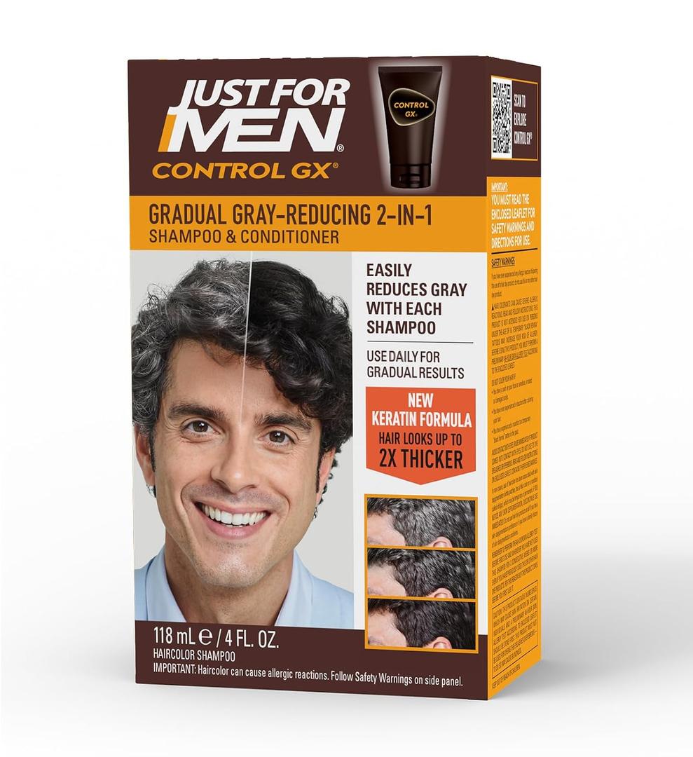 Just for Men Control GX Grey Reducing 2-in-1 Shampoo and Conditioner, Gradual Hair Color with Keratin for Stronger Thicker and Healthier Looking Hair, 4 Fl Oz - Pack of 1 