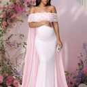 JustVH Women's Maternity Mesh Off Shoulder Chiffon Maxi Photoshoot Dress for Baby Shower Cloak Outfit Maxi Photography Gown (Pink, M)