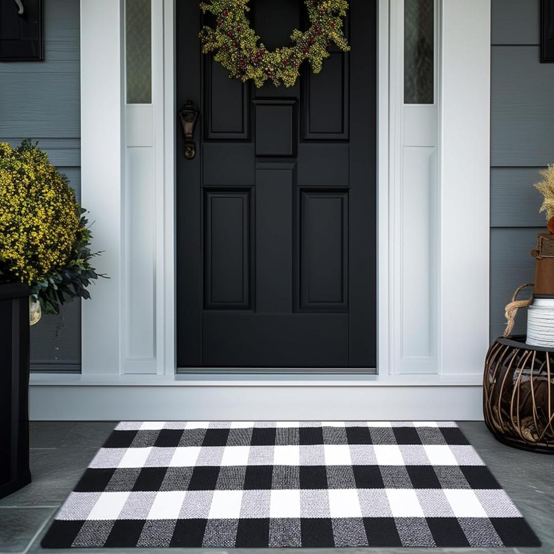 Buffalo Plaid Area Rug - 3x5 Ft, Black and White Checkered, Washable Cotton, Ideal for Front Porch, Kitchen, Entryway, Patio, Bathroom (3' x 5', Black and White)