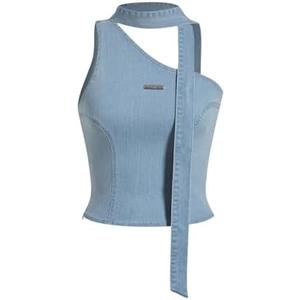 MakeMeChic Women's Denim Top One Shoulder Cut Out Sleeveless Y2K Tank Top No Size
