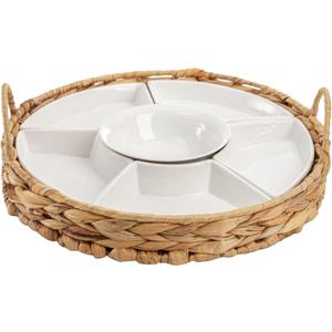 AVLA Ceramic Divided Serving Dishes, Porcelain Relish Tray, Party Appetizer Platter, 6 Removable Snack Bowls with Cattail Basket for Chips and Dips, Candy, Nut, Condiment, Veggie, Portable Handle