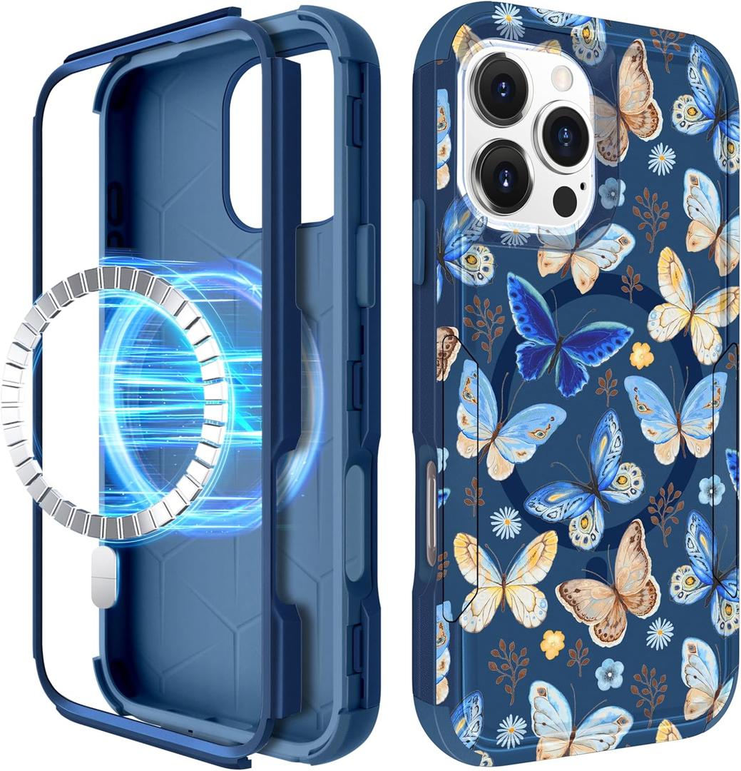 for iPhone 16 Pro Max Case - [Compatible with MagSafe] Women Girls Cute Magnetic Protective Phone Cover Butterfly Girly Blue Heavy Duty Shockproof Funda for Apple 16 Pro Max Cases (Yellow Butterflies)