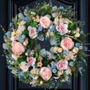 Summer Pink Peony Front Door Wreath 24-inch Flower Blue Wreath Indoor Outdoor Front Door Hallway Window Decoration Wedding Birthday Party Decoration, Pink